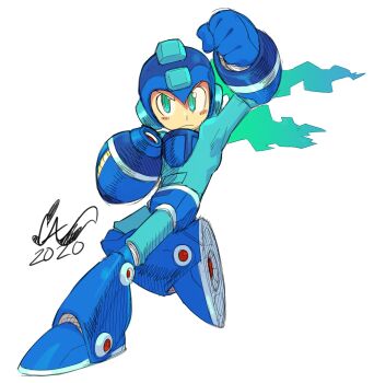 1boy 2020 android arm_cannon arm_up blue_eyes blue_helmet blush_stickers caliginousarts commentary english_commentary full_body hand_up helmet highres looking_at_viewer male_focus mega_man_(character) mega_man_(classic) mega_man_(series) mega_man_megamix solo standing standing_on_one_leg v-shaped_eyebrows weapon