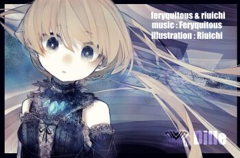 1girl artist_name blonde_hair blue_dress blue_eyes choker commentary_request crystal detached_sleeves dress english_text hair_between_eyes highres jewelry lace long_hair looking_at_viewer multicolored_hair necklace original pale_skin riuichi skinny solo_focus upper_body