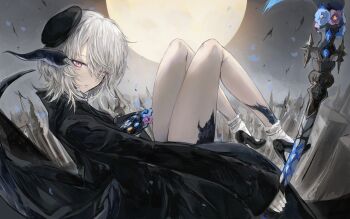 Rule 34 | 1girl, absurdres, au ra, black hat, black robe, dragon girl, dragon horns, dragon tail, final fantasy, final fantasy xiv, hachi0047, hair over one eye, hat, high heels, highres, holding, holding staff, horns, looking at viewer, mini hat, moon, red eyes, robe, scales, socks, solo, staff, tail, warrior of light (ff14), white hair