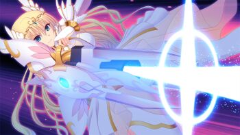 Rule 34 | 1girl, aiming, aiming at viewer, armor, blonde hair, blue eyes, breasts, bridal gauntlets, dress, dutch angle, en ciel rena, en ciel rena (laelith), energy cannon, game cg, glowing, gun, holding, holding cannon, holding weapon, jewelry, kourin tenshi en ciel rena, large variant set, long hair, looking at viewer, magical girl, non-web source, official art, saitou natsuki, solo, suhamaya, thighhighs, tiara, tomoe rena, variant set, very long hair, weapon, white dress, white thighhighs