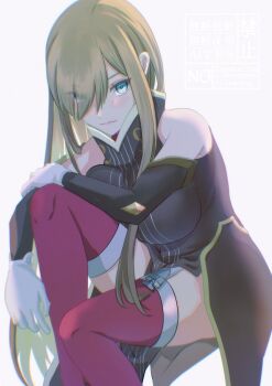 1girl bare_shoulders blue_eyes breast_press breasts brown_dress brown_hair brown_sleeves closed_mouth commentary_request detached_sleeves dress feet_out_of_frame gloves hair_behind_ear hair_over_one_eye invisible_chair knife komegura large_breasts leaning_forward light_blush long_hair looking_at_viewer pink_thighhighs sidelocks simple_background sitting sleeveless sleeveless_dress solo tales_of_(series) tales_of_the_abyss tear_grants thighhighs white_gloves