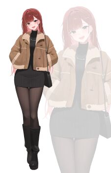 1girl :d absurdres akane_lize bag black_bag black_boots black_eyes black_pantyhose blonde_streaks boots brown_jacket commentary cross cross_earrings dress earrings full_body fur-trimmed_jacket fur_trim hair_intakes hair_ornament hairclip hands_in_pockets head_tilt highres jacket jewelry knees legs_together long_hair looking_at_viewer makeup meosic2 mole mole_under_eye multicolored_hair necklace open_clothes open_jacket open_mouth pantyhose parted_bangs red_hair ribbed_sweater shoulder_bag simple_background smile standing stellive streaked_hair sweater sweater_dress teeth turtleneck turtleneck_sweater upper_teeth_only virtual_youtuber white_background zoom_layer