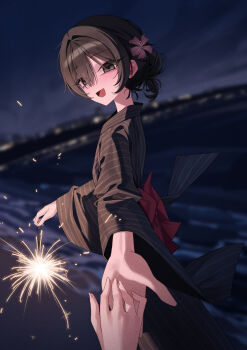 Rule 34 | 2girls, absurdres, black eyes, black hair, black kimono, blurry, blurry background, commentary request, fireworks, flower, hair bun, hair flower, hair intakes, hair ornament, highres, holding hands, japanese clothes, kimono, looking at viewer, mamiya yuu (mansu), mansu (mansu113355), multiple girls, open mouth, original, pov, striped clothes, striped kimono