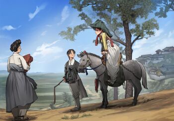 3girls architecture arm_support black_footwear black_hair blue_sky bored braid braided_ponytail building chinstrap day donkey east_asian_architecture geumsu_(gumsu) green_headwear grey_pants hanbok hat highres holding horseback_riding korean_clothes korean_commentary long_hair long_sleeves looking_at_another looking_away looking_to_the_side multiple_girls original outdoors pants pants_tucked_in profile reins riding riding_crop saddle sand shoes single_braid sky standing stirrups_(riding) tassel tree updo veil