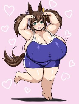 1girl animal_ears arms_up astraea13 blue_one-piece_swimsuit blush bow breasts brown_hair cleavage fang fox_mask green_eyes hair_bow heart heart_arms horse_ears horse_girl horse_tail huge_breasts inari_one_(umamusume) mask mask_on_head medium_hair one-piece_swimsuit open_mouth pink_background plump school_swimsuit shortstack solo standing standing_on_one_leg swimsuit tail thick_arms tracen_swimsuit twintails umamusume yellow_bow