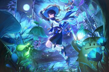 1boy 2others absurdres aranara_(genshin_impact) bibi_(obb_spl) blue_eyes blue_hair creature crystalfly_(genshin_impact) flower full_moon genshin_impact hand_on_headwear hat highres leaf looking_at_viewer moon multiple_others mushroom sandals scaramouche_(genshin_impact) wanderer_(genshin_impact) water