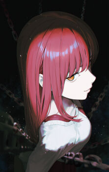 1girl absurdres alternate_costume arms_behind_back breasts chain chainsaw_man closed_mouth commentary_request dark_background from_above hair_between_eyes hair_over_shoulder highres long_hair looking_at_viewer makima_(chainsaw_man) medium_breasts red_hair revision ringed_eyes shirt smile solo tooku0 upper_body white_shirt yellow_eyes