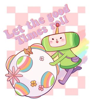 Rule 34 | 1boy, animal, antenna, bag, ball, black eyes, blush, bug, butterfly, checkered background, chellyko, english text, flower, green shirt, highres, insect, katamari, katamari damacy, long sleeves, open mouth, pink background, rainbow, rolling, shirt, smile, the prince (katamari damacy), two-tone background, white background