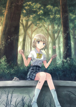 1girl bad_id bad_pixiv_id blonde_hair dirty female_focus flower grey_eyes hair_flower hair_ornament looking_at_viewer mud mudball original plaid_clothes plaid_skirt school_uniform short_hair sitting skirt socks solo tree yakka