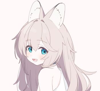 Rule 34 | 1girl, absurdres, animal ear fluff, animal ears, bare shoulders, black choker, blue eyes, blush, brown background, brown hair, choker, commentary request, from side, hair between eyes, highres, long hair, looking at viewer, looking to the side, off shoulder, original, riya (01214), shirt, simple background, solo, white shirt