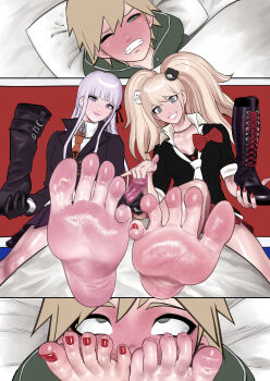 1boy 2girls barefoot blonde_hair boots danganronpa:_trigger_happy_havoc danganronpa_(series) enoshima_junko feet foot_focus grey_eyes grin handjob highres kirigiri_kyoko koukou_panchi long_hair looking_at_viewer multiple_girls naegi_makoto purple_eyes purple_hair shoes smell smelling smile soles toes twintails unworn_boots unworn_shoes