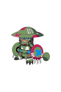 1boy armor commentary_request digimon digimon_(creature) digimon_beatbreak dual_wielding full_body goggles green_armor green_helmet helmet holding holding_shield ludomon official_art sharp_teeth shield simple_background solo standing teeth toei_company transparent_background