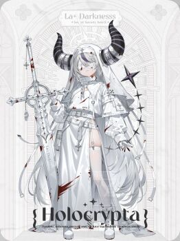 1girl alternate_costume alternate_hair_color belt blindfold blood blood_on_clothes bloody_weapon boots braid braided_bangs broken broken_chain capelet chain chain_leash character_name charm_(object) collar commentary_request cross dress flat_chest garter_straps gloves greatsword guimpe hand_on_hilt highres hololive horn_belt horns huge_horns ishihara_(kuniyoshi) la+_darknesss leash long_dress long_hair long_sleeves metal_collar nun parted_lips planted planted_sword planted_weapon pouch purple_streaks quilted_clothes shoes side_slit solo standing striped_horns sword tail thigh_pouch thighhighs very_long_hair virtual_youtuber weapon white_belt white_boots white_capelet white_coif white_gloves white_hair white_shoes white_thighhighs