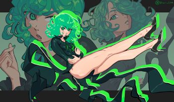 1girl absurdres black_dress breasts commentary dress english_commentary full_body green_eyes green_hair high_heels highres kiwii_line legs long_legs looking_at_viewer medium_breasts one-punch_man short_hair tatsumaki taut_clothes taut_dress thighs