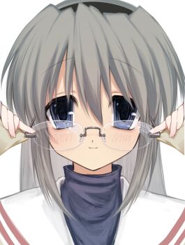 Rule 34 | 1girl, adjusting eyewear, black hairband, blue eyes, clannad, closed mouth, glasses, grey hair, hair between eyes, hairband, highres, hikarizaka private high school uniform, light smile, long hair, looking at viewer, nemu (zutto oyasu3), sailor collar, sakagami tomoyo, school uniform, serafuku, solo, straight hair, turtleneck, upper body