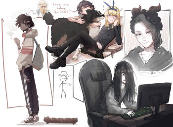 1boy 5girls absurdres animal biting biting_ear black_footwear black_hair black_pantyhose black_sweater sophie's_dog_(popopoka) sophie_(popopoka) erika_(popopoka) blush brown_skirt cat_baguette_(popopoka) chair cigarette closed_mouth collarbone computer computer_keyboard computer_mouse dark-skinned_female dark_skin dog donald_trump english_text freckles from_side hair_over_one_eye highres holding holding_cigarette horns jewelry long_hair maid_headdress meme miniskirt multiple_girls necklace original pants pantyhose plaid_clothes plaid_skirt pleated_skirt popopoka pussy_juice shoes skirt smile sweater tears