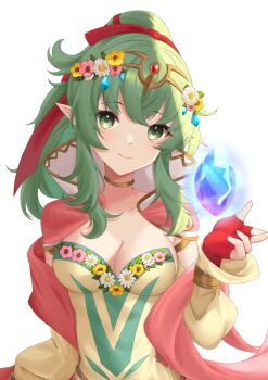 Rule 34 | 1girl, blush, breasts, cleavage, closed mouth, collarbone, commentary request, dragonstone, dress, ell 0314, fingerless gloves, fire emblem, fire emblem awakening, fire emblem heroes, floating, gloves, gold choker, gold tiara, green eyes, green hair, hair ornament, hair ribbon, highres, large breasts, levitation, long hair, looking at viewer, nintendo, official alternate costume, pointy ears, ponytail, red gloves, red ribbon, red shawl, ribbon, shawl, sideboob, sidelocks, simple background, smile, solo, tiara, tiki (adult) (everlasting voice) (fire emblem), tiki (adult) (fire emblem), tiki (fire emblem), white background, yellow dress