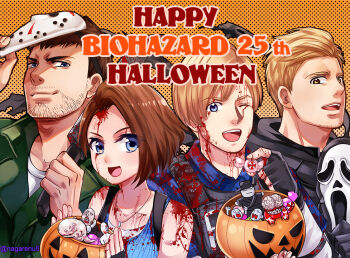1girl 3boys artist_name beard_stubble blonde_hair blood blood_on_clothes blood_on_face blue_eyes brown_hair candy chris_redfield copyright_name ethan_winters facial_hair food halloween halloween_costume happy_halloween holding holding_mask hunter_gamma jill_valentine leon_s._kennedy licker_(resident_evil) mask mr._x_(resident_evil) multiple_boys nagare nemesis_(resident_evil) one_eye_closed open_mouth resident_evil resident_evil_2 resident_evil_2_(remake) resident_evil_3:_nemesis resident_evil_3_(remake) resident_evil_village smile stubble zombie