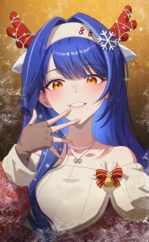 Rule 34 | 1girl, absurdres, animal ears, antlers, bare shoulders, bell, blue hair, blush, bow, breasts, brown gloves, christmas, commentary, deer ears, dress, fake animal ears, fake antlers, fingerless gloves, gloves, grin, hair intakes, hair ornament, hairband, highres, horns, jewelry, korean commentary, lilpa, long hair, long sleeves, looking at viewer, necklace, off-shoulder sweater, off shoulder, orange eyes, pearl necklace, red bow, reindeer antlers, rething, smile, snowflakes, solo, sweater, upper body, virtual youtuber, waktaverse, white hairband, yellow eyes