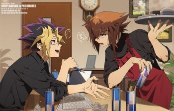 Rule 34 | 2boys, apron, black hair, black shirt, blonde hair, brown eyes, brown hair, commentary request, highres, in-franchise crossover, indoors, male focus, multicolored hair, multiple boys, muto yugi, purple eyes, purple hair, red apron, red bull, shirt, short hair, sitting, speech bubble, standing, table, watermark, yoshio 296, yu-gi-oh!, yu-gi-oh! duel monsters, yu-gi-oh! gx, yuki judai