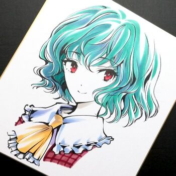 1girl ascot closed_mouth collared_shirt commentary_request frilled_shirt_collar frills green_hair kazami_yuuka looking_at_viewer plaid_clothes plaid_vest portrait red_eyes red_vest shikishi shirt short_hair simple_background smile solo touhou traditional_media tsubameyado vest white_background white_shirt yellow_ascot