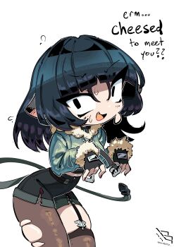 1girl absurdres animal_ears asymmetrical_legwear birdblitz black_gloves black_shorts cheesed_to_meet_you_(meme) cowboy_shot english_text fingerless_gloves fur-trimmed_jacket fur_trim garter_straps gloves green_jacket high-waist_shorts highres jacket jane_doe_(zenless_zone_zero) long_tail looking_at_viewer meme mouse_ears mouse_girl mouse_tail open_mouth pantyhose red_nails sharp_tail shorts simple_background single_garter_strap single_leg_pantyhose single_thighhigh solo tail thighhighs torn_clothes torn_pantyhose torn_thighhighs white_background zenless_zone_zero