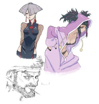 Rule 34 | 1boy, 2girls, a.k.i. (street fighter), beard, black bra, black hair, black panties, bra, breasts, chinese clothes, cleavage, closed mouth, commentary, dress, earrings, facial hair, grey hair, greyscale, han juri, highres, impossible hair, jewelry, kotoyama, lips, mole, mole under mouth, monochrome, multicolored hair, multiple girls, nail polish, pajamas, panties, pink hair, pink pajamas, ryu (street fighter), short hair, short twintails, sidelocks, simple background, street fighter, street fighter 6, twintails, two-tone hair, underwear, white background, white hair