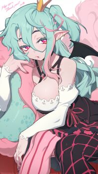 1girl aqua_hair asymmetrical_legwear bat_wings blouse breasts chest_harness commission crown detached_sleeves ear_piercing frilled_shirt frills harness hata4564 highres hugging_tail large_breasts looking_at_viewer mini_crown mini_wings mismatched_legwear mole mole_under_mouth multicolored_hair nail_polish original pantyhose parted_lips piercing pink_hair pink_nails pointy_ears red_eyes ribbon shirt simple_background sitting skeb_commission solo tail white_background wings