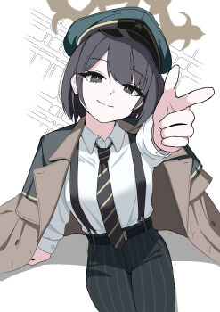 1girl absurdres black_eyes black_necktie blue_archive brown_halo coat coat_on_shoulders diagonal-striped_clothes diagonal-striped_necktie green_hat halo hat highres hiromi_(blue_archive) kuroro_0427 necktie pants peaked_cap solo striped_clothes striped_necktie striped_pants vertical-striped_clothes vertical-striped_pants