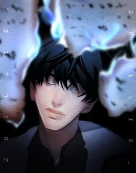 1boy black_hair black_shirt blue_fire burning burning_paper closed_eyes coat collared_shirt commentary embers english_commentary facing_viewer fire head_tilt highres jozllie kim_dokja omniscient_reader's_viewpoint open_clothes open_coat popped_collar portrait pov shirt short_hair white_coat