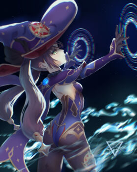 1girl absurdres arms_up ass black_hair blue_leotard breasts capelet ethan_wylie from_behind genshin_impact gloves green_eyes hat highleg highleg_leotard highres hydrokinesis jewelry leotard looking_back mona_(genshin_impact) pantyhose small_breasts solo thighlet twintails vision_(genshin_impact) water witch_hat