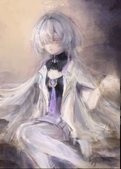 1girl black_dress bracelet chew_x colored_eyelashes cowboy_shot dress earrings gold_bracelet hair_intakes hair_ornament hair_over_one_eye halo jacket jellyfish_cut jewelry knees_together_feet_apart long_hair looking_at_viewer microdress mornye_(wuthering_waves) muted_color painterly parted_lips pink_eyes see-through_body sitting solo triangle_earrings triangle_hair_ornament very_long_hair white_eyelashes white_hair white_halo white_jacket wuthering_waves