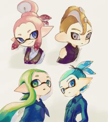 Rule 34 | 2boys, 2girls, blonde hair, blue eyes, blue hair, blue kei, closed mouth, commentary request, green eyes, green hair, grey eyes, inkling, inkling boy, inkling girl, inkling player character, long hair, medium hair, mohawk, multiple boys, multiple girls, nintendo, parted lips, pink hair, pointy ears, sailor collar, sailor shirt, shirt, short hair, simple background, smile, splatoon (series), tentacle hair, topknot, white background