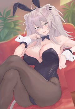 1girl ahoge alternate_costume animal_ear_hairband animal_ear_piercing animal_ears arabiki50 bare_shoulders black_bow black_bowtie black_leotard black_pantyhose bow bowtie breasts cleavage commentary couch crossed_legs detached_collar double-parted_bangs fake_animal_ears grey_eyes grey_hair hair_between_eyes hairband hand_up highleg highleg_leotard highres hololive indoors large_breasts leotard lion_ears lion_girl lion_tail long_hair looking_at_viewer on_couch pantyhose playboy_bunny rabbit_ear_hairband rabbit_ears shishiro_botan sidelocks sitting solo strapless strapless_leotard tail traditional_bowtie two_side_up virtual_youtuber wrist_cuffs