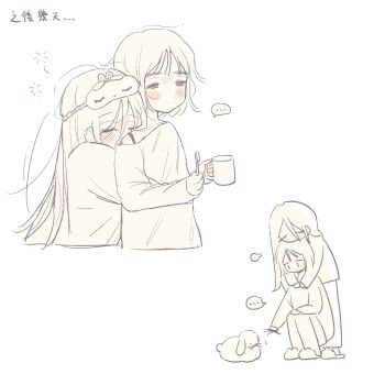 2girls alien_stage bra_strap chinese_commentary chinese_text coldmeow commentary_request cup highres holding holding_cup holding_toothbrush hug hug_from_behind long_hair mask mask_on_head mizi_(alien_stage) mug multiple_girls short_hair sketch sleep_mask sua_(alien_stage) toothbrush traditional_chinese_text translation_request very_long_hair