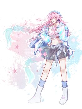 1girl aqua_hair black_skirt blue_hat blue_jacket blue_socks boots breasts character_name clothes_writing commentary_request crop_top cyrene_(honkai:_star_rail) cyrene_(nylon_japan)_(honkai:_star_rail) cyrene_(ripples_of_past_reverie)_(honkai:_star_rail) gradient_hair hat highres holding holding_phone honkai:_star_rail honkai_(series) jacket large_breasts long_hair midriff miniskirt multicolored_hair navel official_alternate_costume parted_lips phone pink_hair purple_eyes skirt socks solo two-tone_hair very_long_hair white_background white_boots ylgfscu47505