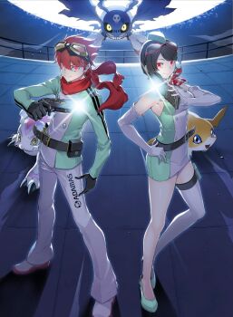 Rule 34 | 1boy, 1girl, 3others, :>, bandai, bare shoulders, belt, black eyes, black hair, breasts, cup, curvy, digimon, digimon story: time stranger, dress, elbow gloves, full body, gloves, glowing, glowing eyes, goggles, goggles on head, gomamon, green dress, green jacket, grin, hand on own hip, highres, holding, holding cup, holding phone, jacket, large breasts, looking at viewer, multicolored jacket, multiple others, non-web source, official art, outdoors, pants, patamon, phone, picodevimon, print pants, print thighhighs, red eyes, red hair, red scarf, scarf, shiny skin, short dress, short hair, sideboob, single thighhigh, skindentation, sleeveless, sleeveless dress, smile, standing, clothes writing, thighhighs, two-tone dress, two-tone jacket, white dress, white jacket, white pants, white thighhighs, wide hips, yasuda suzuhito, yellow eyes, yuuki dan, yuuki kanan