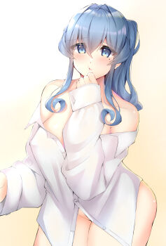 :i :t ayuko91 blue_eyes blue_hair borrowed_clothes commentary_request gotland_(kancolle) highres kantai_collection naked_shirt no_bra no_panties oversized_clothes oversized_shirt pout puffy_cheeks shirt white_shirt