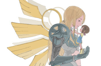Rule 34 | 2girls, angel wings, armor, blonde hair, breastplate, breasts, brown eyes, brown hair, clothing cutout, digimon, digimon (creature), digimon adventure: (2020), from side, full body, gauntlets, golden wings, green armor, hair between eyes, highres, holding person, large breasts, long hair, looking at another, multiple girls, navel, navel cutout, no headwear, nose, ofanimon, overall shorts, overalls, parted lips, pink scarf, profile, purple legwear, scarf, shirt, shoes, short hair, shoulder armor, sidelocks, simple background, size difference, smile, socks, spikes, standing, tantanmen, tiptoes, upper body, very long hair, whistle, whistle around neck, white background, wings, yagami hikari, yellow shirt, yellow shoes