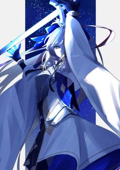 Rule 34 | 1girl, 710 ao, absurdres, armor, artoria caster (fate), artoria caster (third ascension) (fate), artoria pendragon (fate), blonde hair, blue bow, bow, breastplate, dress, excalibur (fate/stay night), fate/grand order, fate (series), green eyes, hair bow, highres, hip armor, long hair, looking at viewer, ponytail, solo, twitter username, white dress