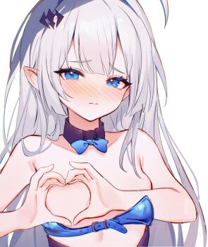 1girl absurdres ahoge animal_ears bare_shoulders blue_bow blue_bowtie blue_eyes blue_hairband blue_leotard blush bow bowtie breasts closed_mouth commentary detached_collar ear_blush embarrassed fake_animal_ears female_tyrant_(stella_sora) hair_intakes hair_ornament hairband heart heart_hands highres leotard long_hair looking_at_viewer nose_blush pipoccon playboy_bunny pointy_ears rabbit_ears simple_background small_breasts solo stella_sora strapless strapless_leotard symbol-only_commentary tyrant_(stella_sora) upper_body white_background white_hair