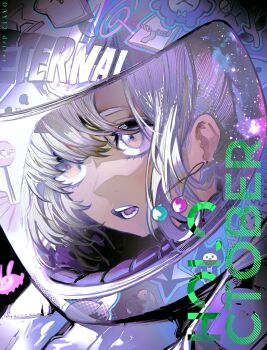 1girl absurdres dark-skinned_female dark_skin earrings helmet highres hololive hololive_english jacket jewelry looking_at_viewer motorcycle_helmet open_mouth portrait pungson_mori reflection road_sign sidelocks sign solo stop_sign teeth tsukumo_sana virtual_youtuber white_hair white_jacket yellow_eyes