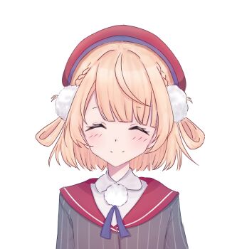 Rule 34 | 1girl, ^ ^, beret, blonde hair, blue ribbon, blunt bangs, blush, bob cut, braid, closed eyes, closed mouth, commentary, facing viewer, grey jacket, hair ornament, hair rings, hat, highres, indie virtual youtuber, jacket, looking at viewer, neck ribbon, pinstripe jacket, pinstripe pattern, pinstripe shirt, pom pom (clothes), pom pom hair ornament, red hat, red sailor collar, ribbon, sailor collar, shigure ui (1st costume) (vtuber), shigure ui (vtuber), shirt, short hair, simple background, smile, solo, split mouth, striped clothes, striped jacket, upper body, user ptff7423, vertical-striped clothes, vertical-striped jacket, virtual youtuber, white background, white shirt