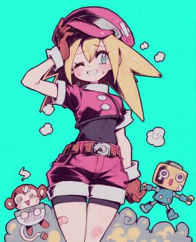 1girl animal bandaid blush_stickers brown_gloves colored_eyelashes commentary covered_navel data_(mega_man) gloves green_eyes grin hat highres injury jacket long_hair mega_man_(series) mega_man_legends_(series) monkey one_eye_closed parororo red_hat red_jacket red_shorts robot roll_caskett_(mega_man) servbot_(mega_man) shorts smile sweat