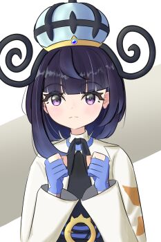 1girl belt belt_buckle black_dress black_hair blue_gloves blush bob_cut buckle clenched_hands closed_mouth coat dress eyelashes gloves gradient_hair gwynn_(pokemon) hat highres ktnyma light_frown long_sleeves looking_at_viewer multicolored_hair nintendo o-ring o-ring_belt open_clothes open_coat partially_fingerless_gloves pokemon pokemon_legends:_z-a purple_eyes purple_hair short_hair solo upper_body white_coat