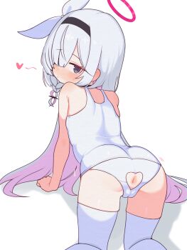 1girl absurdres all_fours anus anus_cutout anus_only arm_support armpit_crease black_hairband blue_archive blush bow braid cameltoe clenched_hand closed_mouth clothing_cutout colored_eyelashes colored_inner_hair commentary from_behind grey_eyes hair_bow hair_over_one_eye hairband halo heart heart_cutout highres lk149 loli long_hair looking_at_viewer looking_back motion_lines multicolored_hair one-piece_swimsuit one_eye_covered pink_hair pink_halo plana_(blue_archive) purple_pupils single_braid skindentation solo sweat swimsuit thighhighs two-tone_hair white_bow white_hair white_one-piece_swimsuit white_thighhighs