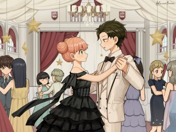 Rule 34 | 3boys, 5girls, absurdres, anya (spy x family), black bow, black bowtie, black dress, black hair, blonde hair, blush, bow, bowtie, brown hair, damian desmond, dancing, dress, ducartoon, formal clothes, green eyes, grey hair, hair between eyes, hair bun, highres, jacket, long sleeves, low twintails, medium hair, multiple boys, multiple girls, open mouth, pants, pink hair, shirt, short hair, single hair bun, spy x family, star (symbol), suit, twintails, vest, white jacket, white pants, white shirt, white suit, white vest, yellow eyes