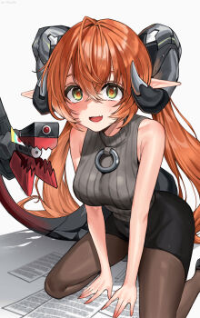 1girl absurdres alternate_costume armpit_crease black_pantyhose black_shirt black_skirt breasts dragon_girl dragon_horns green_eyes highres horns kangi_nako large_breasts long_hair looking_at_viewer magus_(zenless_zone_zero) mechanical_horns mechanical_tail office_lady open_mouth orange_hair orange_pupils orphie_magnusson pantyhose paper pencil_skirt pointy_ears scattered_paper shadow shirt sitting skirt sleeveless sleeveless_turtleneck solo sweatdrop tail turtleneck twintails wariza white_background zenless_zone_zero