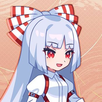 bow fujiwara_no_mokou large_bow long_hair lowres red_eyes shirt simple_background smile striped_bow suspenders touhou upper_body white_shirt
