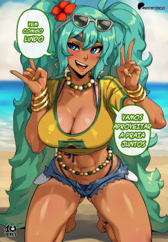 1girl \n/ abs absurdres anklet aqua_hair arms_up artist_name barefoot beach bead_necklace beads belly_chain bikini bikini_under_clothes blue_eyes blue_sky bracelet brazilian_flag brazilian_flag_print brazilian_miku breasts cleavage commentary cutoffs day denim denim_shorts eyewear_on_head flag_print flower front-tie_bikini_top front-tie_top green_nails green_trim hair_flower hair_ornament hatsune_miku highres jewelry kneeling kyoffie long_hair looking_at_viewer multiple_bracelets necklace open_fly open_mouth outdoors patreon_logo patreon_username portuguese_text red_flower shirt short_shorts shorts sky smile solo speech_bubble sunglasses swimsuit translation_request twintails v very_long_hair vocaloid white-framed_eyewear yellow_nails yellow_shirt